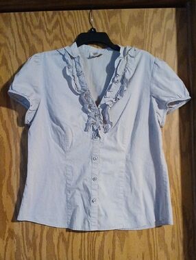 LOFT Light Blue Ruffled Button-Front Women's Shirt